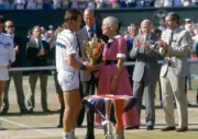 Pat Cash of Australia recieves the trophy from the Duke and Duche - Old Photo
