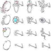[Sanfenly] 16Pcs 20G Nose Rings Dangle Nose Ring L Shaped for Women Men Stainless Steel Dangling Heart Butterfly Moon CZ Nose Rings Hoops Studs Nose Piercing Jewelry Gold Rose Gold Silver Black