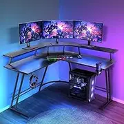 Furb L Shaped Corner Desk, Computer Desk with Monitor Shelf, Carbon Fiber Gaming Desk with LED Light, Computer Workstation for Office Room, Bedroom, Study Room, 130x130cm, Black