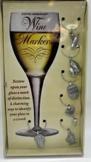 Boston Warehouse Wine Glass Markers Set of 6 Charms NEW drinks bar cocktail hour