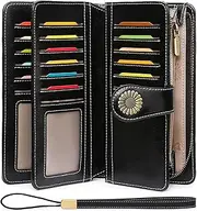 [SENDEFN] Wallets for Women Genuine Leather Credit Card Holder with RFID Blocking Large Capacity Wristlet, 1-Wax-Black, Rfid Wallet