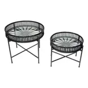 LVD 2pc Metal Glass 46/58cm Round Side Table Island Decor - Black