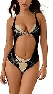 [Tender Whisper] Women's Hollow Out Bodysuit Punk Gothic Backless Fashion Rings Bodystocking Sexy Teddy