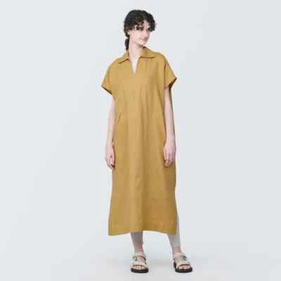 MUJI Womens 100% Linen Washed Skipper Short Sleeve Dress Smoky Yellow FedEx