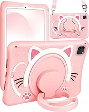 Wazzasoft for iPad Air 5th/4th Generation 10.9"/Pro 11 Inch Case - Cute Cat Soft Silicone Girls Teens Women Cartoon Kitten Tablet Cover with Rotating Handle Stand & Strap Funda para Air 5th/4th Gen