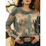 Women's T Shirt Graphic Geometry Bohemia Vintage Fashion Long Sleeve Crew Neck Round Neck Regular Tops Daily Club Uniforms Going out Print Gray / Red Light Bro