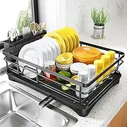 Usinynia Dish Drying Rack for Kitchen Counter Large Dish Rack with Drainboard, Rustproof Dish Drainer with Utensil Holder for Sink (Black)