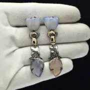 Vintage Blue Chalcedony Carved Diamond 18K Gold Silver Dangle Victorian Earring
