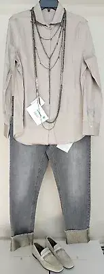 New Brunello Cucinelli 10-12US/46IT Techno Grey/Gold Cotton/Lame Boyfriend Jeans