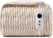 [Dreamaker] Eyelash Long Ribbed Fleece Electric Heated Throw Blanket 160x130cm Winter Warmer Reversible Rug Energy Efficient Overheat Protection 9 Heat Settings Extra Long Cord Controller- Natural
