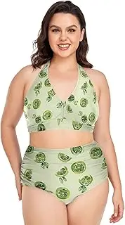 [Caihoyu] Plus-Size Women's Two-Piecing Bathing Suit Tummy Control Bathing Suits High Waisted Bikini Swimwear Lime on Green L, Multicoloured, 3X-Large