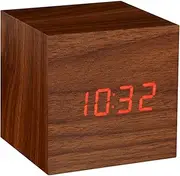 Gingko Cube LED Click Clock Alarm Clock with Sound Activation (Time, Date & Temperature), Walnut/Red LED