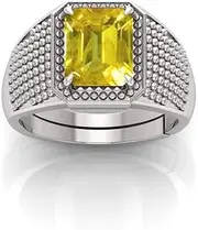 [RRVGEM] 10.00 Ratti Yellow Sapphire Pukhraj Gemstone Silver Plated Ring Adjustable Ring Size 16-22 for Men and Women, Metal, Sapphire