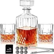 Whiskey Decanter Set for Men 2pcs Whisky Glasses and 1pcs Glass Decanter with Cooling Stones Clear Liquor Decanter Set for Whiskey Bourbon Rum Fathers'Gift