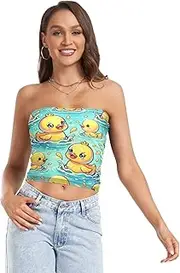 [RPLIFE] Cute Yellow Ducks Teal Women Tube Top, Going Out Crop Top, Mesh Tube Tops, Trendy Crop Tops (S)