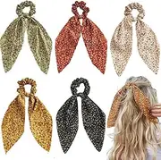 Chiffon Floral Hair Scarf with Ribbon Bows for Women and Girls - 5 Pcs Scrunchies with Ponytail Holders (Style 1, One size)