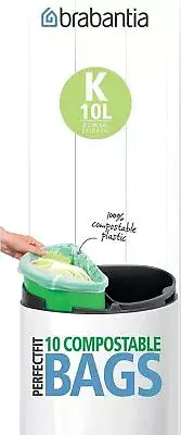 Brabantia 364983 Food Waste Caddy Compostable Bin Liners, 10 L x10, Code K, Whit
