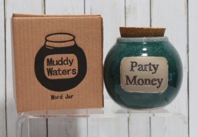 Muddy Waters Pottery Word Jar - Party Money - Green w/cork Top Handmade - New