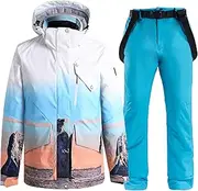 [7HAHA3] Men's Ski Suit Sunset Gradient Design Raincoat Snowboard Zip Up Jacket & Pants Thick Waterproof Snowsuit