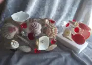 Set of 2 RED aquarium ornaments 1 FLOATS gems pearls sea shells fish Free Gift!