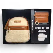 Steve Madden 2 Pc Gift Set Cream Sherpa Mini Backpack Card Case Key Chain NEW