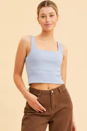 Blue Crop Tank Square Neck Cotton Blend Rib - Size M, Women's Tank