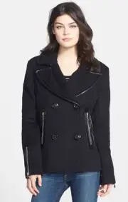BETSEY JOHNSON WOMEN'S COAT PEACOAT NWT LARGE WOOL BLEND DOUBLE BREASTED BLACK