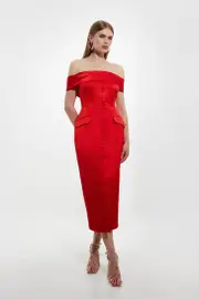 Italian Structured Rib Bardot Button Through Tailored Midi Dress