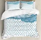 Blue Queen Size Duvet Cover Set Rain Cloud Sketch Fall with 2 Pillow Shams