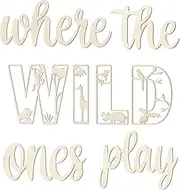 Where The Wild Ones Play Sign Wooden Playroom Wall Decor, Large Wood Wall Art Decoration for Boys Girls Toy Room Nursery, Toddler Room Bedroom, Jungle Theme Playroom Word Cutout Sign Decor