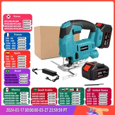 Jigsaw Cordless Quick Blade Change Electric Saw 65mm 6 Gear LED Light Guide Tool