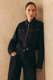 Petite Indigo Denim Contrast Stitch Detail Zip Through Jacket