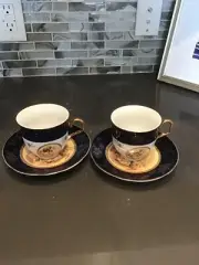 Veroni Teacup and Saucer Set of Two Renaissance Blue and Gold Trim