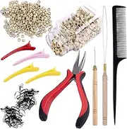 Duufin Hair Extensions Tools Kit - 500 Blonde Micro Ring Beads, Micro Beads Plier, 2 Loop Needle Threader Pulling Hooks, 4 Plastic Alligator Clips, Comb, and 2 Bags Mini Rubber Bands