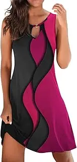 [Generic] Summer Work Dresses for Women Ring Design Color Line Color Block Print Sleeveless Dress Formal Cotton Dresses for Women