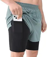 [Cosmolle] Men's 2-in-1 Quick-Dry Workout Shorts Built-in Liner Elastic Waistband Multi-Pocket Design for Gym Basketball
