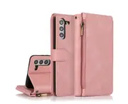 For Samsung Galaxy S21 Plus Case, Leather Zipper Purse Flip Cover Case with Card Slot Holder Wrist Strap Lanyard (Pink)