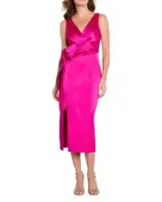 Aidan Mattox V-Neck T-Length Dress w/ Bow Women's 6 Pink Flame Solid Sleeveless