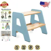 2-Step Wooden Toddler Step Stool in Blue - Non-Slip and Durable for Kids