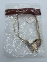 New NOS Vintage Napier Gold Tone Enamel Cloisonne Butterfly Necklace Pendant NWT