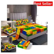 Vibrant Kids Building Blocks King Sheet Set - 4Pc Modern Microfiber Bedding