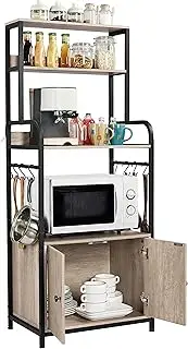 [Yaheetech] 4-Tier Kitchen Bakers Rack with Storage Cabinet and Hutch, Microwave Oven Stand Coffee Bar Pantry Cabinet with 8 S Hooks, Freestanding Kitchen Shelves Spice Rack, Gray