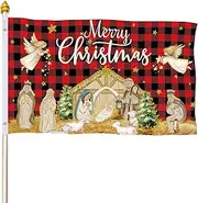 Remagr Nativity Christmas Flag 3 x 5 ft Outdoor Christmas Buffalo Plaid Nativity Yard Flag Double Sided Flag Winter Xmas Outside Yard Flag for Outdoor Indoor Home Garden Lawn