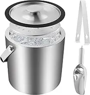 3L Double Tier Ice Bucket with Lid for Party Stainless Steel Insulated Ice Container with Scoop Tong Strainer for Bar Picnic Barbecue(Silver)