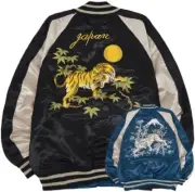 Sukajan Reversible tiger dragon Satin Embroidery outer Jacket Blue Black Size LL