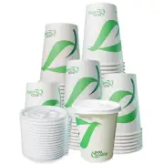 10oz Disposable Biodegradable White Paper Coffee Cups with White Flat Lids 500pc