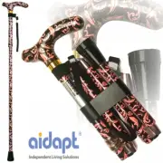 Aidapt Folding & Extendable Patterned Walking Stick Black Pink Femme - *QUALITY*