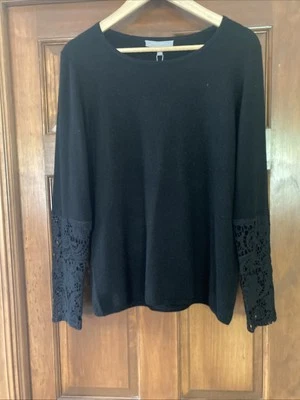 NWT Neiman Marcus 100% Cashmere Black Pullover Sweater Lace Sleeves Women’s XL