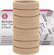 Burlybands Large Hair Ties for Thick, Heavy or Curly Hair - Non-Slip, Non-Damage, Seamless Women's Ponytail Scrunchies - Lt Brown, 8 Pcs