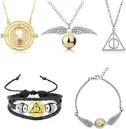 HCSUI 5 Piece Cosplay Jewellery Set Time Turner Chain Pendant Necklaces Deathly Hallows and Golden Snitch Necklace with Bracelet for Children Collection Halloween Cosplay, Metal